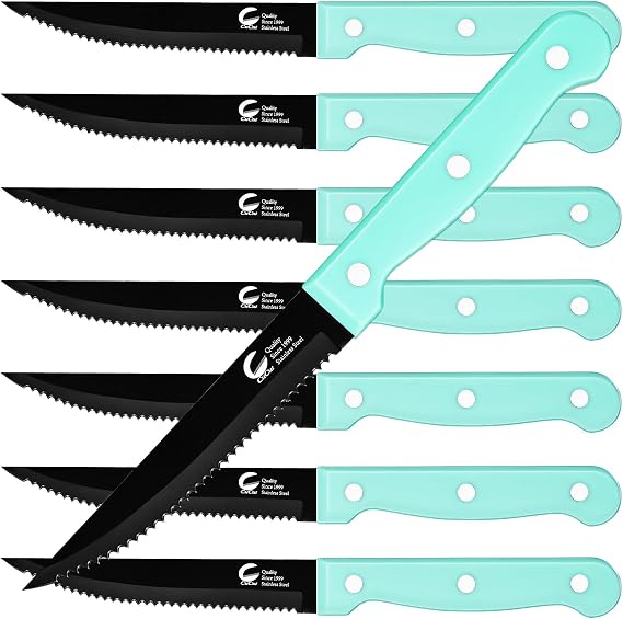 Steak Knife Set of 8, Triple Rivet Stainless Steel Serrated Dinning Knives, 4.5 Inch Sharp Black Coated Blade, Dishwasher Safe, Meat Knife for Dining Camping BBQ