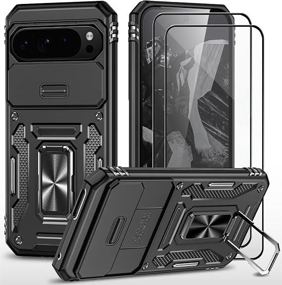 Case for Google Pixel 9 Pro XL Mobile Phone Case with Slide Camera Tempered Glass Screen Protector [Pack of 2] Protect Stand Silicone Armor Hard Case Shockproof Case Black