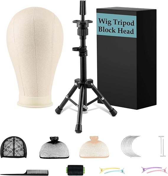 23" Wig Stand Tripod with Head,Table Wigs Tripod for Making,Display | Table Wig Head and Stand Set,Includes Caps Clips,T-Pins,C Needles,Carrying Bag,Brush,Wig Stand Adjustable Height 39.5-62.5 cm