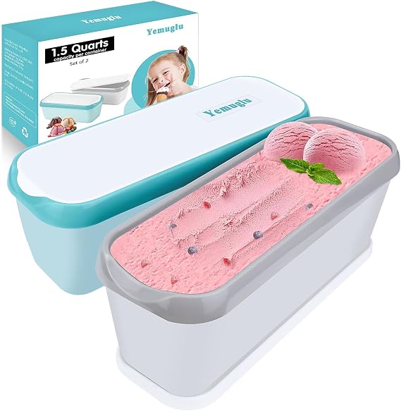 Ice Cream Containers for Homemade Ice Cream, 1.5 Quart Ea. Set of 2 Reusable for Homemade Sorbet, Frozen Yogurt Or Gelato - Stackable Storage Containers, BPA-Free And Lids Stores Easily In Freezer