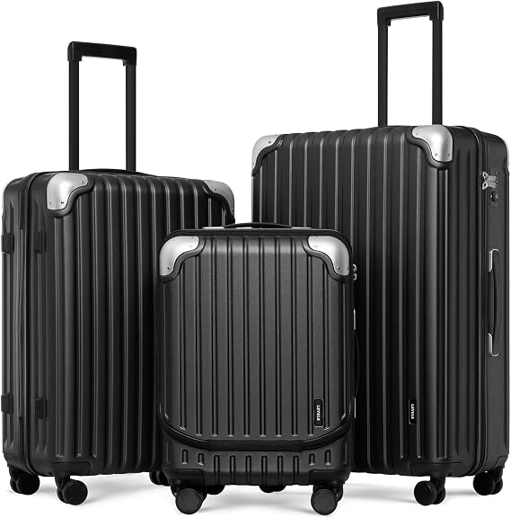 LEVEL8 Luggage Suitcase Set of 3, Carry on ABS+PC Hardshell Spinner Trolley Lightweight with Laptop Compartment for Travel for Family for Women Men, TSA (Black, 20/24/28,3 Pcs Set)