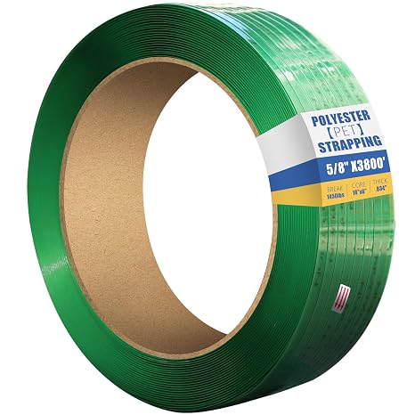 5/8" x.034 x3800ft Polyester (PET) Strapping Roll of 16"x6" Core Size 1450lbs Break Strength Green