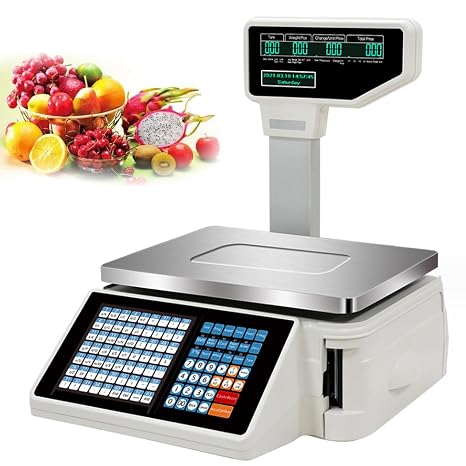 Commercial Label Printing Scales,Digital Barcode Weighing Scales with Label and Receipt Printer,Label Printing Scale Pole Display, 30kg/60lbs Capacity,Machine