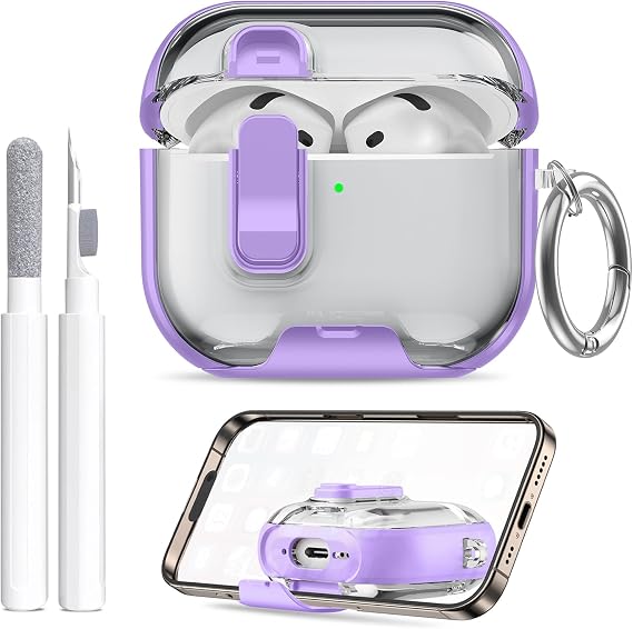 Compatible Airpods 4 Case (2024) with Phone Stand & Cleaner Kit,Print Soft Silicone Lock Clip Apple AirPods 4th Generation Case, Airpod 4 Cover with Keychain for Women/Girls,Purple