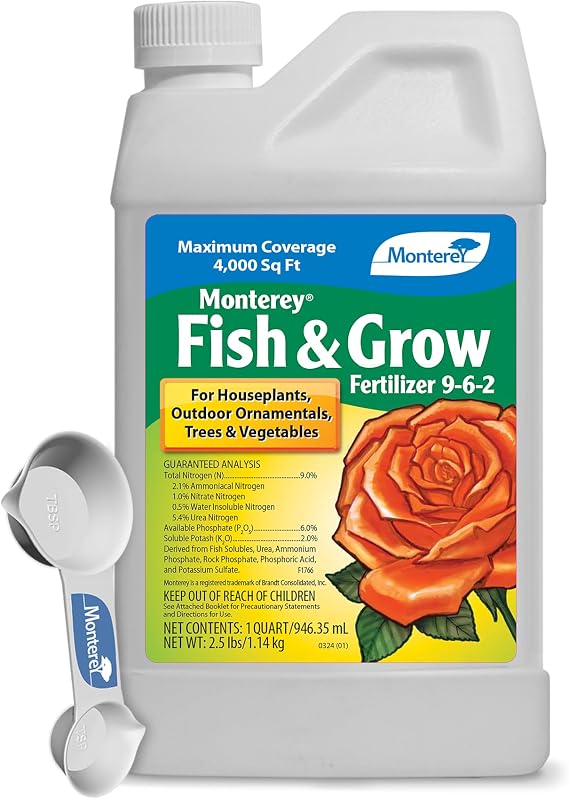 Monterey Fish & Grow 9-6-2 Fertilizer 1 Quart Liquid Plant Food for Houseplants, Trees, Vegetables & Ornamentals Bundled with Garden Measure Spoon Covers Up to 4,000 Sq. Ft.