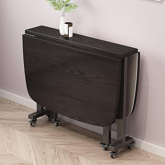 Solid Wood Extendable Dining Table with Butterfly Leaf Design and Universal Wheels Space Saving Kitchen Table with Gateleg Function and Round Edge Black Finish 100x60x75CM