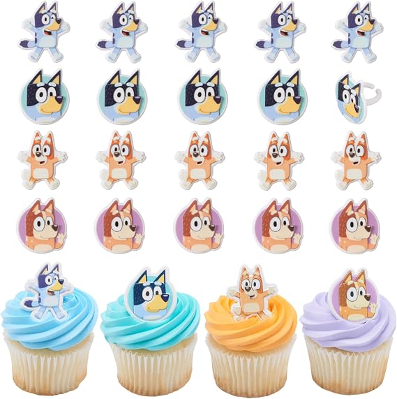 DecoPac Bluey So Much Fun Rings, 24 Cupcake Decorations Featuring Bluey, Bingo, Bandit, and Chilli, 3D Food Safe Cake Toppers 24 Pack
