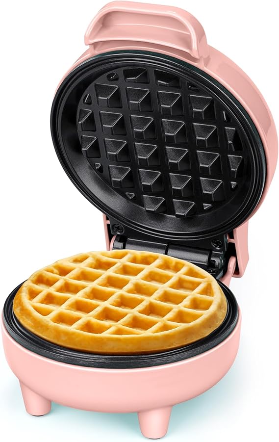 SNAILAR Mini Waffle Maker, 550W Waffle Iron, Ready Indicator Light, Non Stick Coating, Cool Touch Handle, Compact Size, Pink