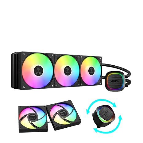 GAMDIAS Aura GLV2 360mm AIO Liquid CPU Cooler, Rotatable Performance 10-Pole Pump, 3 x 120mm Daisy-Chained Hidden Cable Fans, Low-Noise PWM & ARGB Sync Ready, Intel LGA 1851/1700;AMD AM5/AM4, Black