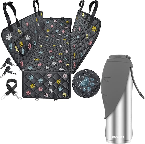 URPOWER 100% Waterproof Dog Car Seat Cover for Back Seat & 27Oz Insulated Portable Dog Water Bottle