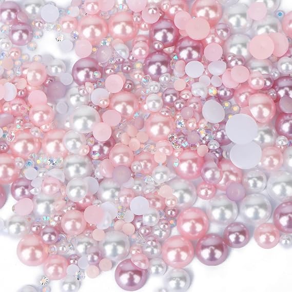 OWill 30g Mixed Color Multi-Size Flat Back Pearls & Rhinestones for Crafts