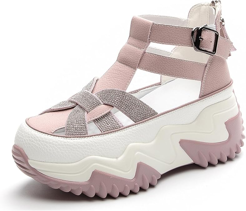 Women Rhinestone Thick-Soled Fashion Sneakers,Hollow Back Zipper Heightening Shoes Comfortable Adjustable Buckle Breathable Casual Platform Sneakers Sandals