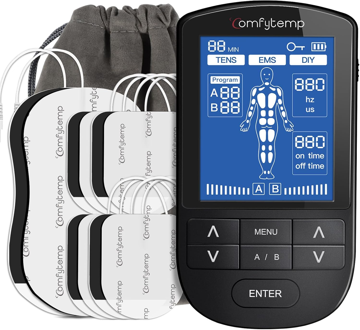 Comfytemp Dual Channel TENS Machine for Muscle Stimulation, Rechargeable TENS Unit with 24 Modes, Electronic Pulse Massager for Back, Shoulder, Arm, Hip, 10pcs TENS Electrodes Pads