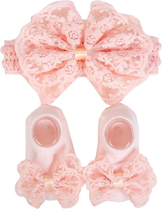 Baby Girls Bows Turban Hat Newborn Knitted Baby 100 Day Hat with Short Socks Set.(MZ28)