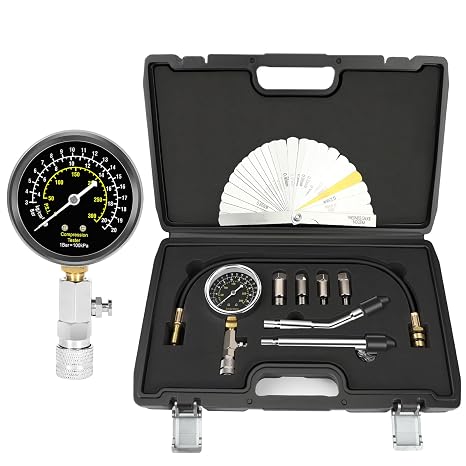 BETOOLL 9pcs Petrol Engine Cylinder Compression Tester Kit with Spark Plug Gap Tool 32 Blades Steel Feeler Gauge 300PSI Engine Cylinder Compression Gauge Automotive Tool