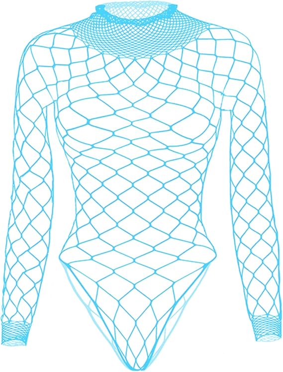 Women's Sheer Mesh Bodysuit Long Sleeve High Neck Rave Fishnet Tops