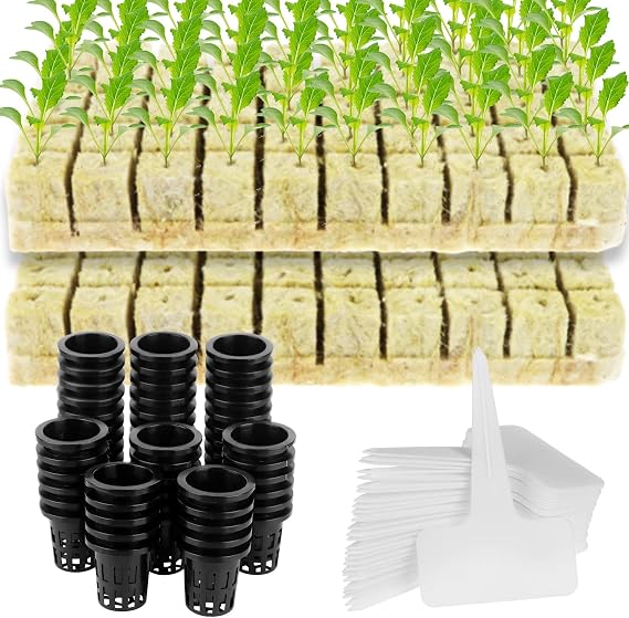 100 Set Rockwool Grow Cubes with 2 Inch Net Pots 100 Pack Hydroponic Net Pots 100 Pcs Rock Wool Planting Cubes 100 Pcs T-Type Plant Tags for Hydroponics Garden Tower Plant Growing Gardening Supplies