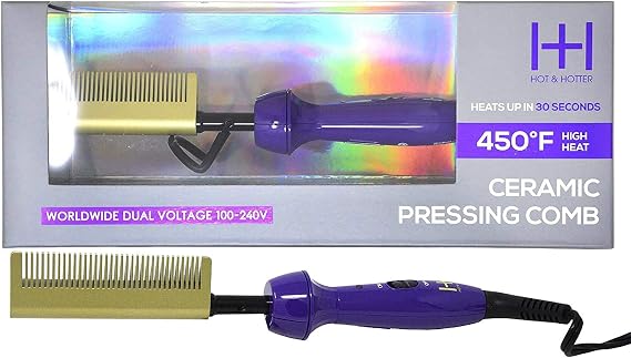 Hot & Hotter - Ceramic Electrical Pressing Comb - Purple & Gold - Up to (450) - (360) Swivel Cord - Worldwide Dual Voltage