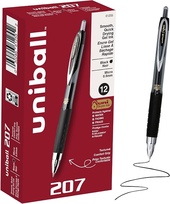 Uni-Ball 207 Retractable Gel Pen, Medium Point 0.7 mm, Black, 12 Count, 12-Count, Black