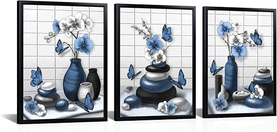 RnnJoile Zen Bathroom Wall Art Navy Blue and Grey Pictures Prints on Canvas Orchid Flower Zen Stone Modern Bathroom Decor Black Frame 12x16 inch each piece