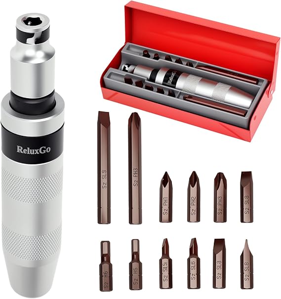 ReluxGo 1/2" Hand Manual Impact Driver, Manual Reversible Impact Hammer Screwdriver Set Includes 12-Piece Slotted, Phillips, Hexagonal Bit Set, for Removing Rusted Fasteners or Frozen Bolts