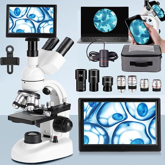 Trinocular Microscope,40x-5000x Laboratory Optical Microscope, Student Teaching Microscope, E-Eyepiece Connected To Computer, Can Be Matched With 7"Display Screen- For Kids Home School ,White
