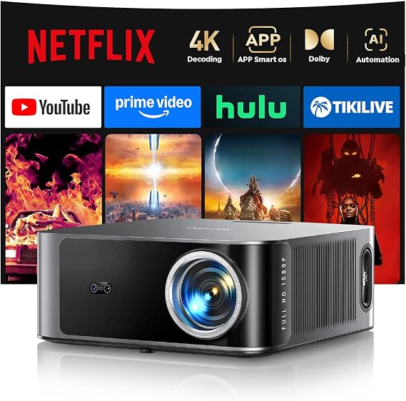 Smart-Projector-4K with WiFi6 and 2Way Bluetooth [4K Decoding/36W Dolby Audio/APPs] Outdoor Movie Proyector Compatible with Netflix, AI Auto Focus, HDR10, Home Theater Projector for Bedroom/Ceiling
