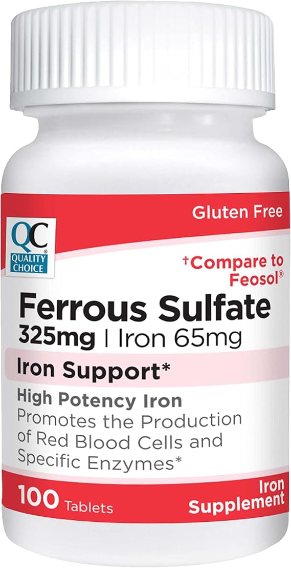 Quality Choice Iron 65 mg (325 mg Ferrous Sulfate) High Potency Iron Support Supplement Tablets in 100 Count Bottles