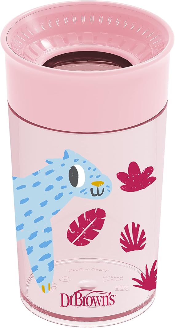 Dr. Brown's Milestones Cheers 360 Spoutless Transition Cup, Travel Friendly and Leak-Free Sippy, Pink Animals, 10 oz/300 mL, BPA-Free, 9m+, 1-Pack