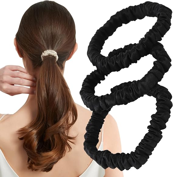 Miery Hair Ties Silk 100% Hair Ties Recommended by Beauty Professionals "Kind to Hair, Reduces Damage" Set of 3, Adult, Fashionable Black