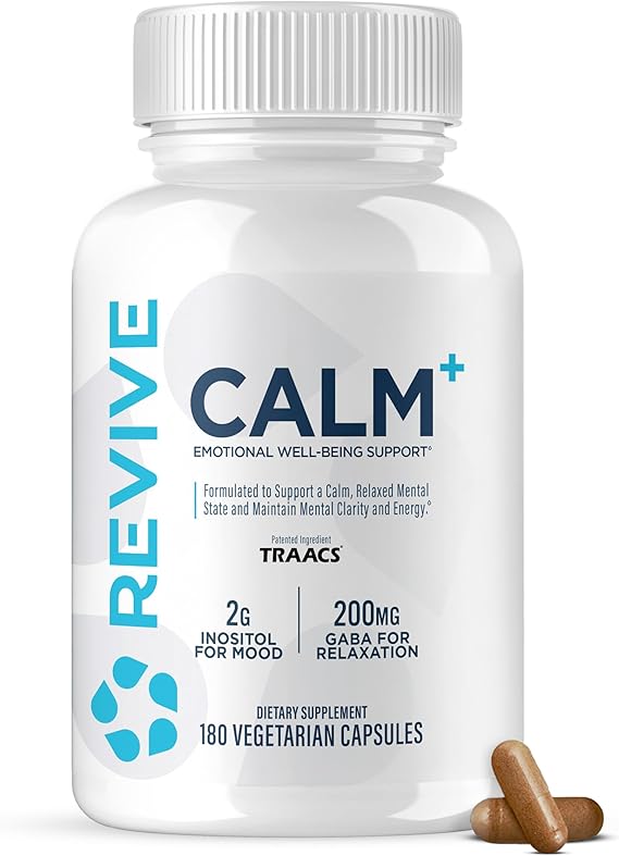 Revive MD Calm, Emotional Well-Being Support Supplement - Stress Management for Men & Women - Mood Enhancement Supplement Promotes Relaxation with L-Theanine, GABA & 5-HTP (180 Capsules, 30 Servings)