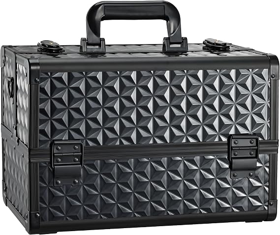 Joligrace Makeup Train Case Professional Cosmetic Organizer Aluminum Storage Box with 4 Adjustable Dividers Trays Lockable Portable with Shoulder Strap