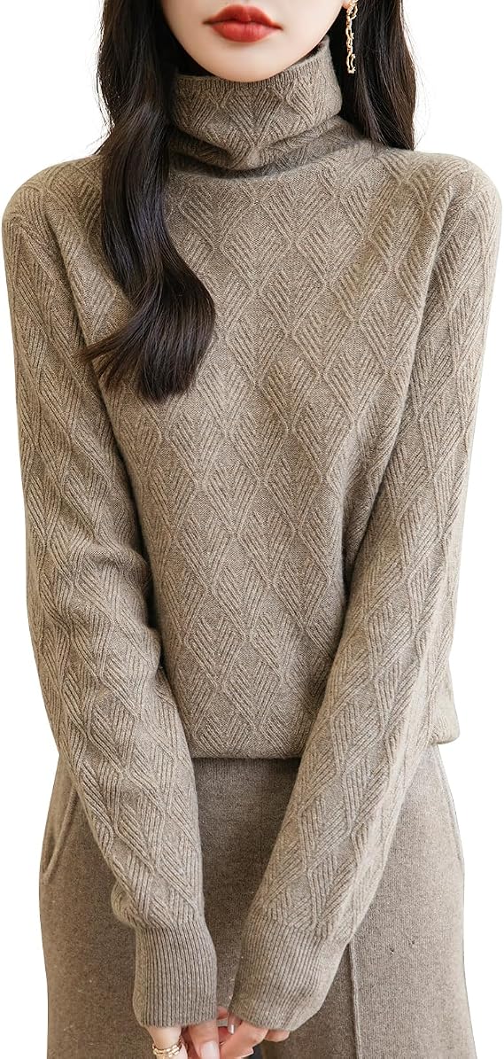 Women's 100% Merino Wool Sweater 2024 Fall Winter Fashion Turtleneck Warm Long Sleeve Cable Knit Sweater Tops