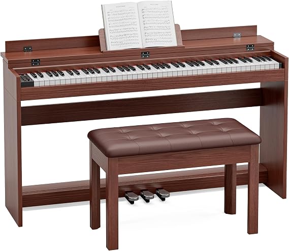 88 Key Weighted Full Size Digital Piano Keyboard,Triple Pedal& Dust Cover Design,Hammer Action Electric Piano Includes Duet Piano Bench,Brown