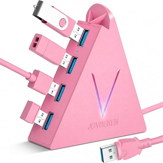 4-Port USB 3.0 Hub, FlyingVHUB Vertical Data USB Hub with 2 ft Extended Cable, for Mac, PC, Xbox One, PS4, PS5, iMac, Surface Pro, XPS, Laptop, Desktop, Flash Drive, Mobile HDD(Pink)