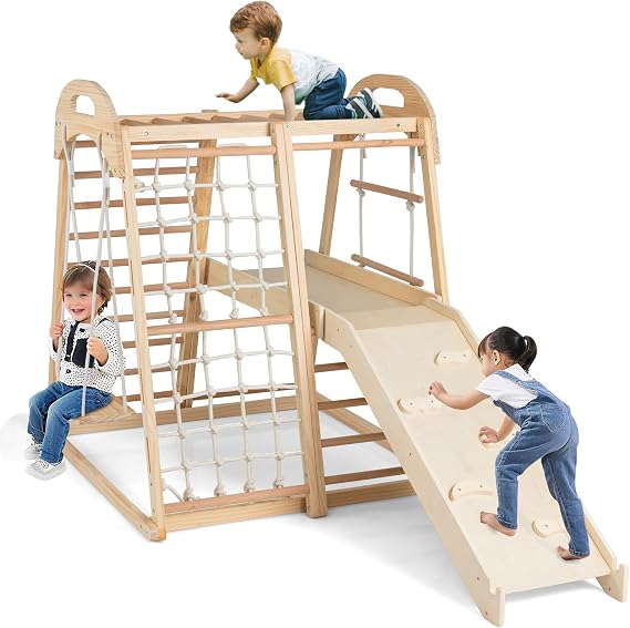 COSTWAY Indoor Climbing Frame for Toddlers, 8 in 1 Wooden Jungle Gym with Double-sided Ramp, Monkey Bar, Swing, Rope Ladder, Climbing Ladder & Net (Natural)