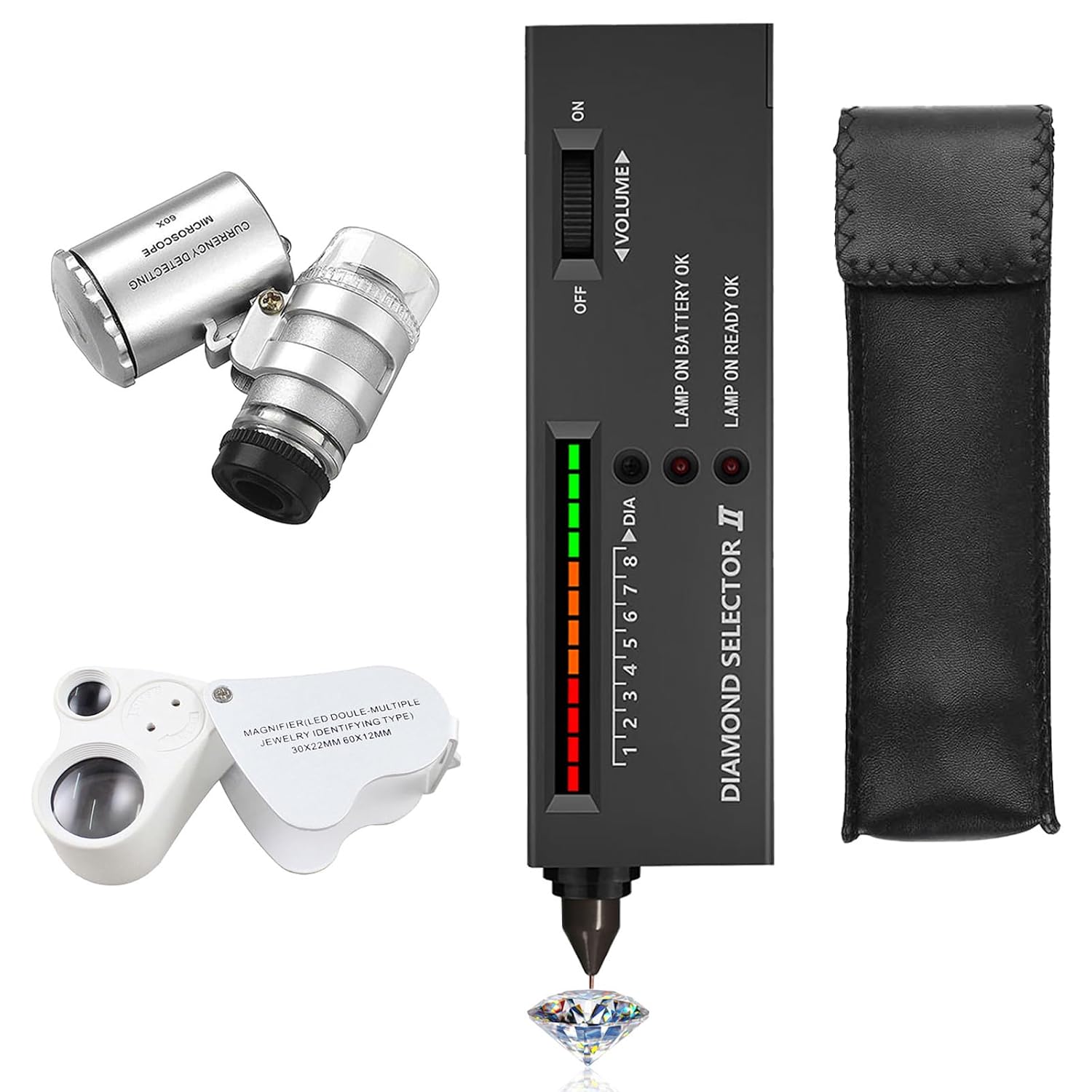 Professional Diamond Tester Pen, High Accuracy Electronic Diamond Detector with 2Pcs 30X 60X Magnifying Glasses Mini Led Foldable Magnifying