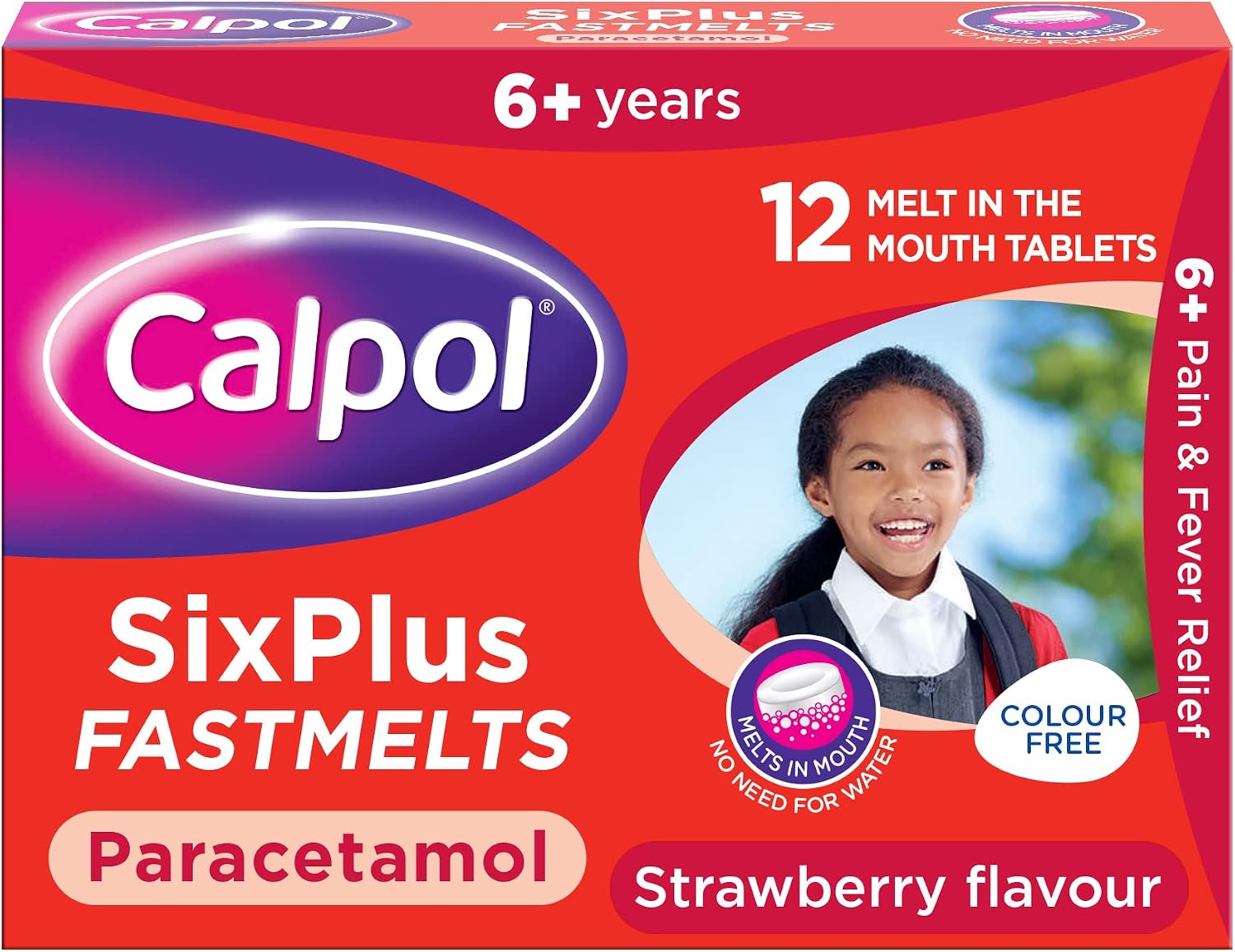 Calpol SixPlus Fastmelts Paracetamol Medication Strawberry Flavour for 6 Years 12 Tablets