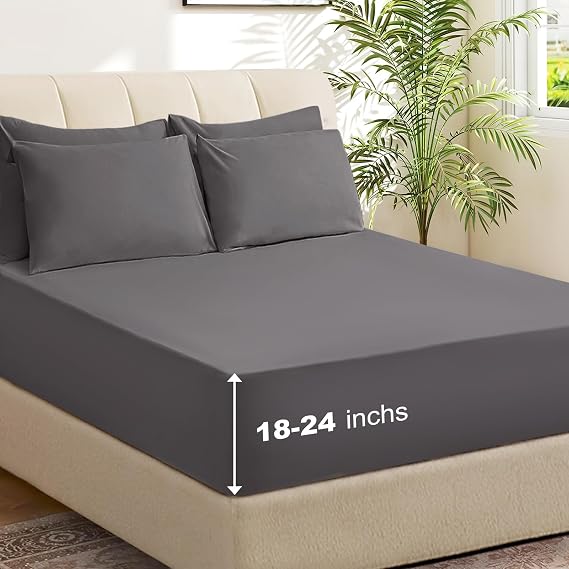6 Piece Queen Sheet Set Breathable & Cooling Bedding Set with 18-24 Inch Deep Pockets - 1 Flat & 1 Fitted Sheet & 4 Pillowcases(Queen Dark Grey)