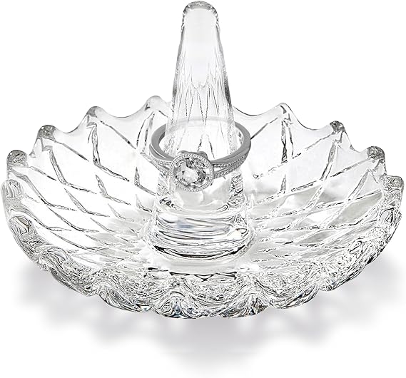 Ring Holder Crystal Glass Jewelry Storage Keep Safe Wedding Engagement Ring Jewelry Organizer Decorative Round Dish Tray Scallop Edge 3 Inch Diameter