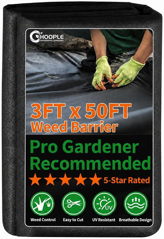 HOOPLE Premium Landscape Fabric Weed Barrier, Durable & Heavy-Duty, Thick Weed Barrier Fabric, Easy Setup & Superior Weed Control (3ft*50ft)