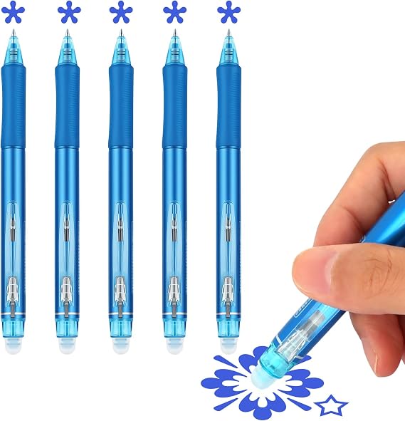 5PCS Crystal Blue Erasable Gel Pens, 0.5mm Fine Point Retractable Pens with Built-in Eraser, Thermal Erasable Ink for Note Taking and Journaling