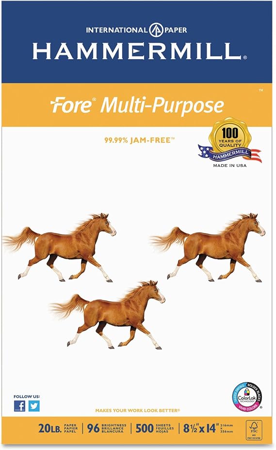 Hammermill Printer Paper, Fore Multipurpose 20 lb Copy Paper, 8.5 x 14 - 1 Ream (500 Sheets) - 96 Bright, Made in the USA, 103291R