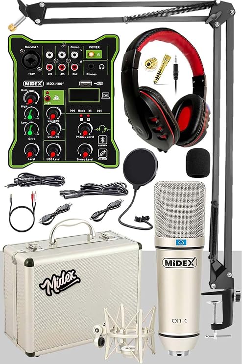 Midex CX1 Functional Paket-4 Stüdyo Mikrofon Ses Kartlı Mikser Kulaklık Stand