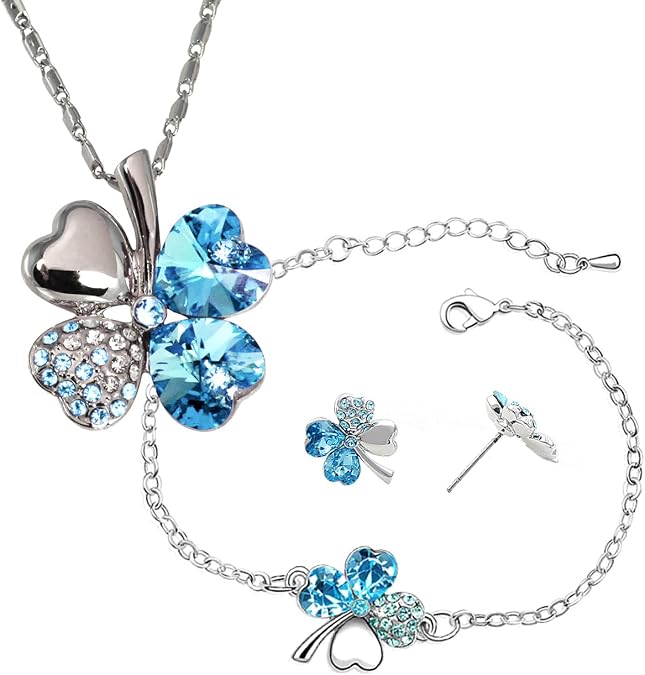 Dahlia Four Leaf Clover Necklace, Earrings & Bracelet Set with Crystals