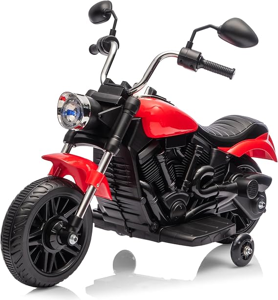 Kids Motorcycle, 12V Battery Powered Electric Motorcycle, 3-Wheel Ride On Motorcycle w/Training Wheels, Reverse, Headlight, Horn, Music, Ride On Toy for Kids Toddler Boys Girls Ages 3-5 Years (Red)