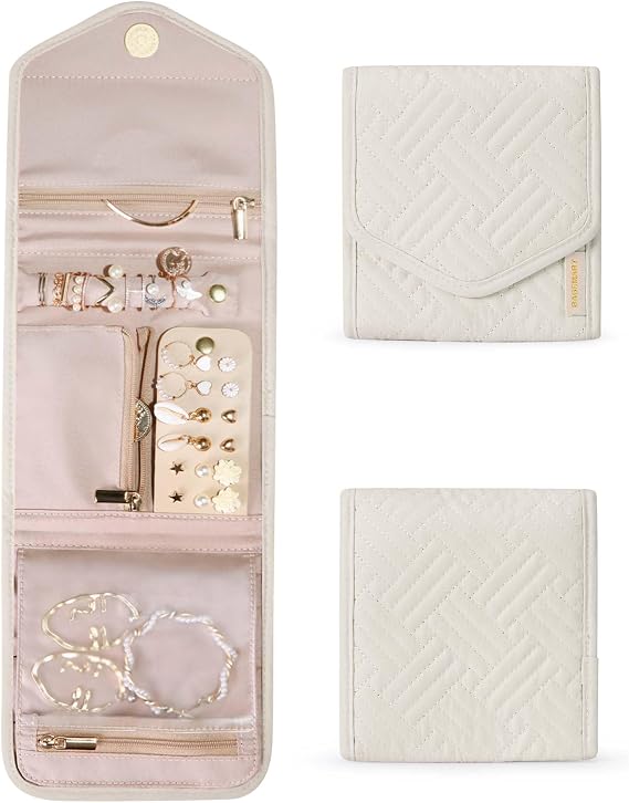 BAGSMART Travel Jewelry Organizer Case Foldable Jewelry Roll,Mini,Beige | Small Travel Jewelry Organizer Case Foldable Small Jewelry Roll for Journey Rings, Necklaces, Earrings, Bracelets,Mini