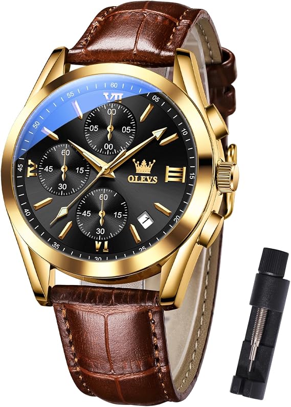 OLEVS Men's Waterproof Chronograph Watch Leather Strap Quartz Wristwatch Multi-Function Dial with Date Luminous Business Watches for Men