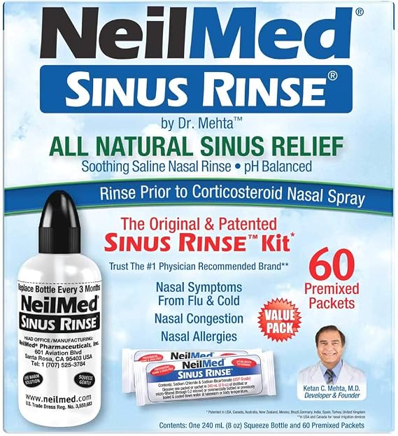 NeilMed Sinus Rinse - A Complete Sinus Nasal Rinse Kit with 60 Premixed Packets
