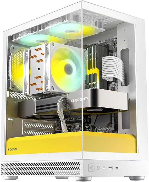 Okinos Aqua UNO Micro ATX Case, No Radiator Support, Max GPU Length 309mm, Quick-Release Panoramic Tempered Glass, 3x120mm ARGB Fan Pre-Installed, Type-C 5Gbps, Two-Tone Limited Edition (White&Yellow)
